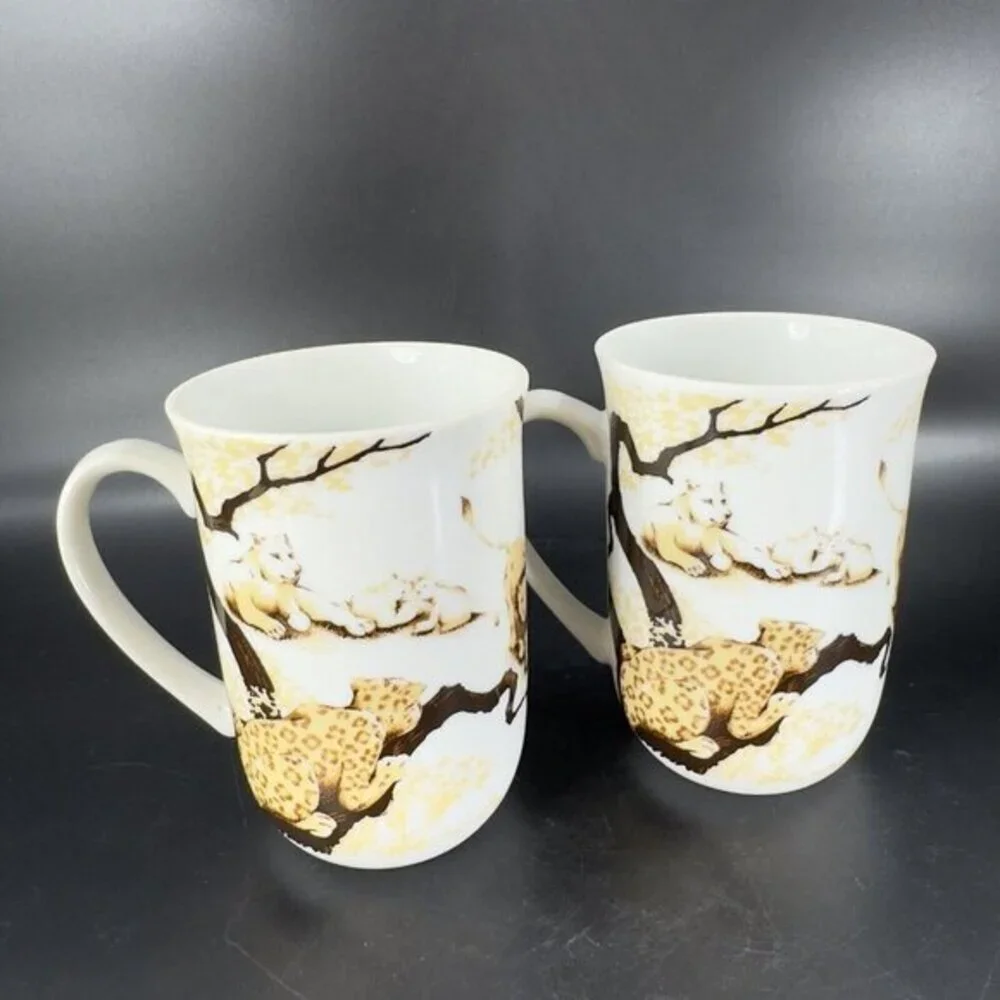 Vintage Toscany Porcelain Ranier Coffee Mug Cup 8oz Ceramic Lion Lionesses Set 2